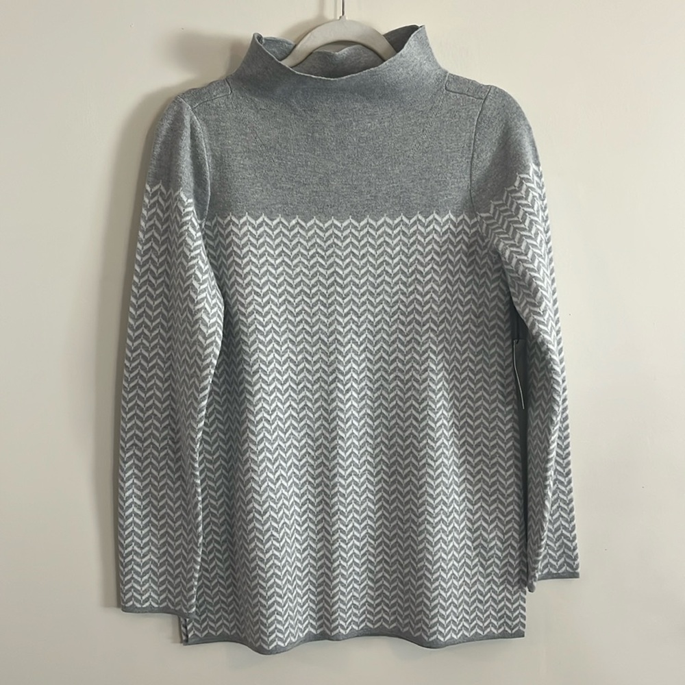 Aspen Chevron Sweater Mockneck Cozy Tunic‎ Oversized Cabin Ski S Gray White NWT